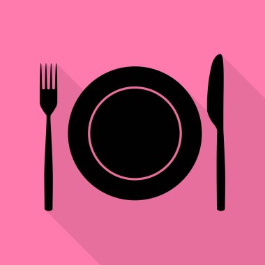 Çatal, teyp ve bıçak oturum açın. Düz stil gölge yoluyla pembe bir arka plan üzerinde siyah simgesi.