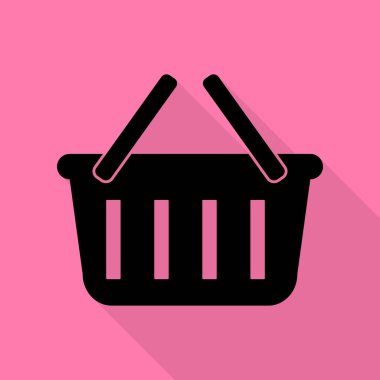 Alışveriş sepeti işareti. Düz stil gölge yoluyla pembe bir arka plan üzerinde siyah simgesi.