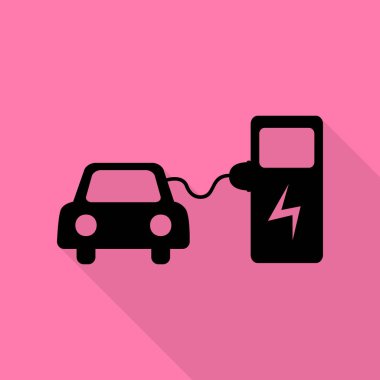 Elektrikli Araba pil şarj işaret. Düz stil gölge yoluyla pembe bir arka plan üzerinde siyah simgesi.