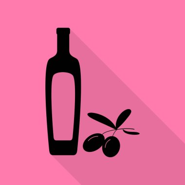 Siyah Zeytin dalı zeytinyağı şişesi işareti ile. Düz stil gölge yoluyla pembe bir arka plan üzerinde siyah simgesi.