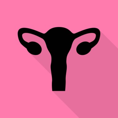 İnsan vücudu anatomisi rahim işareti. Düz stil gölge yoluyla pembe bir arka plan üzerinde siyah simgesi.