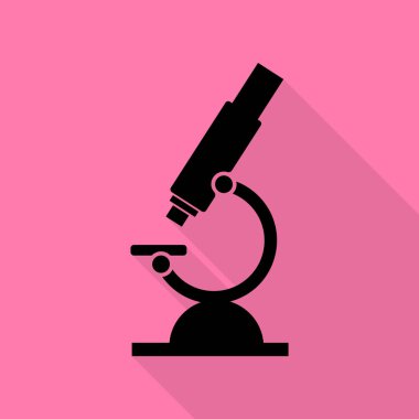 Kimya laboratuvar mikroskop işareti. Düz stil gölge yoluyla pembe bir arka plan üzerinde siyah simgesi.