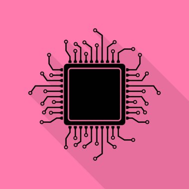 CPU mikroişlemci illüstrasyon. Düz stil gölge yoluyla pembe bir arka plan üzerinde siyah simgesi.