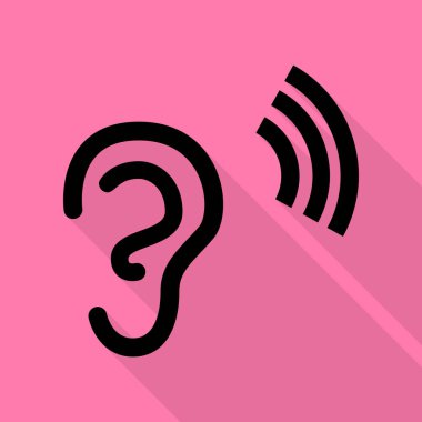 İnsan kulağının işareti. Düz stil gölge yoluyla pembe bir arka plan üzerinde siyah simgesi.