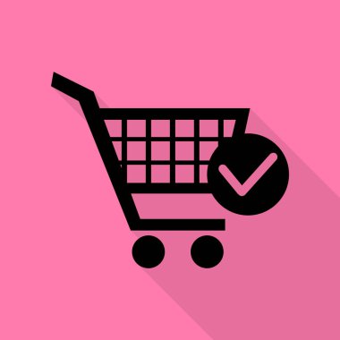 Onay işareti işareti ile alışveriş sepeti. Düz stil gölge yoluyla pembe bir arka plan üzerinde siyah simgesi.