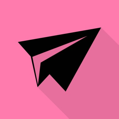 Kağıt Uçak işareti. Düz stil gölge yoluyla pembe bir arka plan üzerinde siyah simgesi.