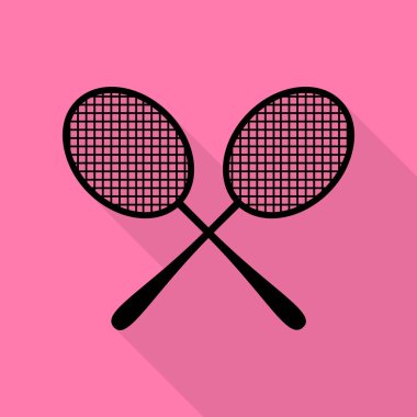 Tenis raketleri işareti. Düz stil gölge yoluyla pembe bir arka plan üzerinde siyah simgesi.