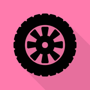 Yol lastiği işaret. Düz stil gölge yoluyla pembe bir arka plan üzerinde siyah simgesi.