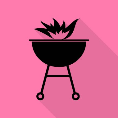 Yangın işareti ile Barbekü. Düz stil gölge yoluyla pembe bir arka plan üzerinde siyah simgesi.