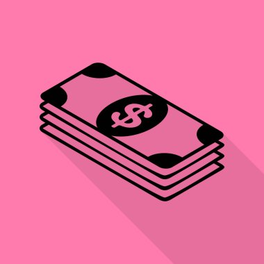Banknot dolar işareti. Düz stil gölge yoluyla pembe bir arka plan üzerinde siyah simgesi.