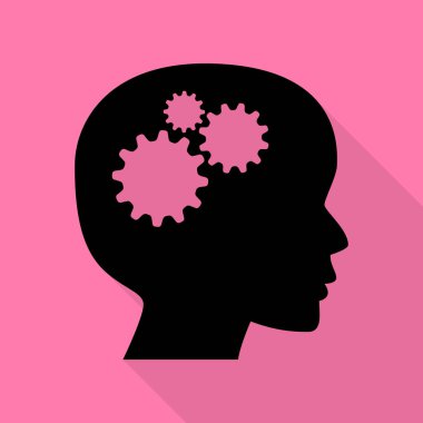 Düşünme baş işareti. Düz stil gölge yoluyla pembe bir arka plan üzerinde siyah simgesi.