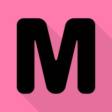 Harf M işareti şablon öğesi tasarım. Düz stil gölge yoluyla pembe bir arka plan üzerinde siyah simgesi.