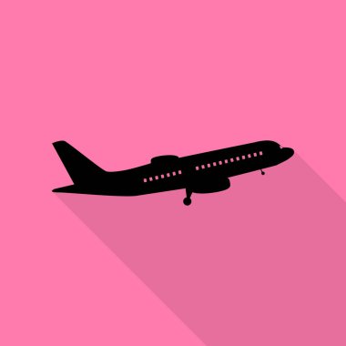Uçan uçak işareti. Yan görünümü. Düz stil gölge yoluyla pembe bir arka plan üzerinde siyah simgesi.