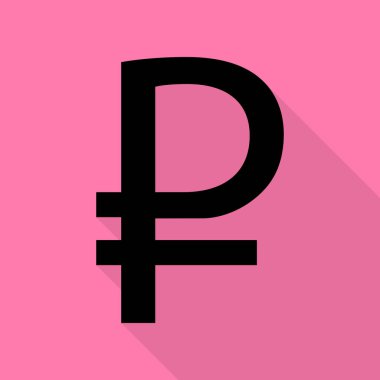 Rublesi işareti. Düz stil gölge yoluyla pembe bir arka plan üzerinde siyah simgesi.
