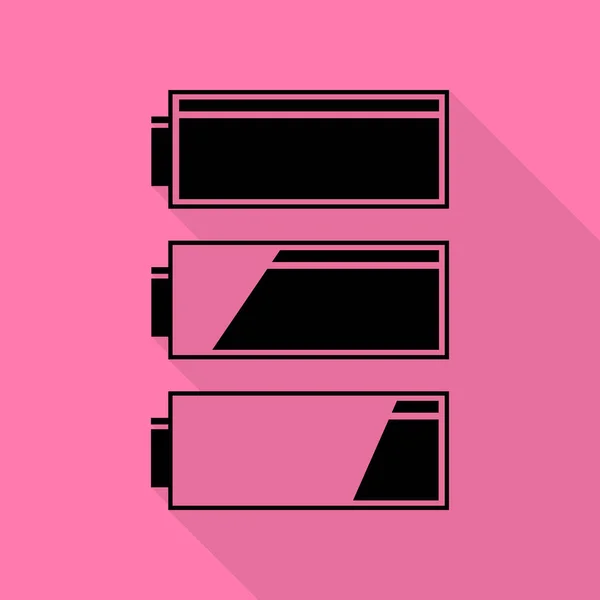 Σετ δείκτες στάθμης φόρτισης μπαταρίας. Μαύρο εικονίδιο με επίπεδη στυλ σκιάς διαδρομή σε ροζ φόντο. — Διανυσματικό Αρχείο