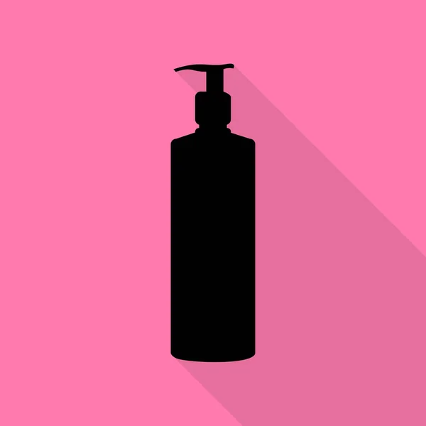 Gel, espuma ou sabão líquido. Dispensador Bomba silhueta garrafa de plástico. Ícone preto com estilo plano sombra caminho no fundo rosa . —  Vetores de Stock