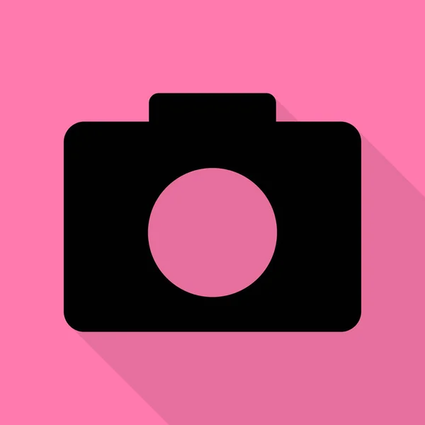 Digitale camera-teken. Zwarte pictogram met vlakke stijl schaduw pad op roze achtergrond. — Stockvector