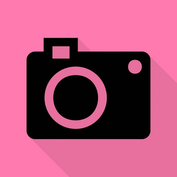 Digitalkameraschild. schwarzes Symbol mit flachem Schattenpfad auf rosa Hintergrund. — Stockvektor
