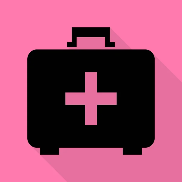 Medicinsk första hjälpen låda tecken. Svart ikon med platt stil skugga sökväg på rosa bakgrund. — Stock vektor