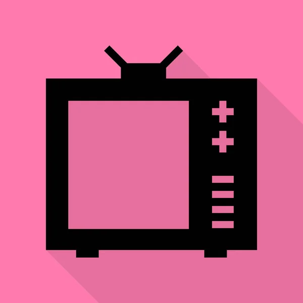 Ilustração do sinal de TV. Ícone preto com estilo plano sombra caminho no fundo rosa . —  Vetores de Stock