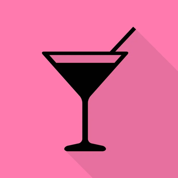 Illustrazione del segno del cocktail. Icona nera con percorso ombra in stile piatto su sfondo rosa . — Vettoriale Stock