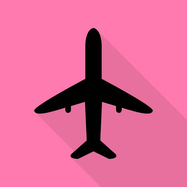 Ilustração do sinal do avião. Ícone preto com estilo plano sombra caminho no fundo rosa . — Vetor de Stock