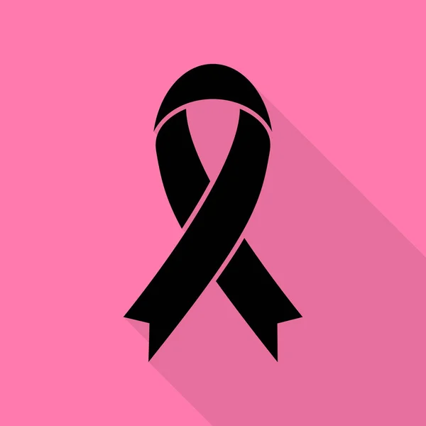 Nastro di consapevolezza nero. Icona nera con percorso ombra in stile piatto su sfondo rosa . — Vettoriale Stock