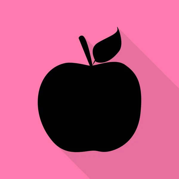 Apfelschild-Illustration. schwarzes Symbol mit flachem Schattenpfad auf rosa Hintergrund. — Stockvektor