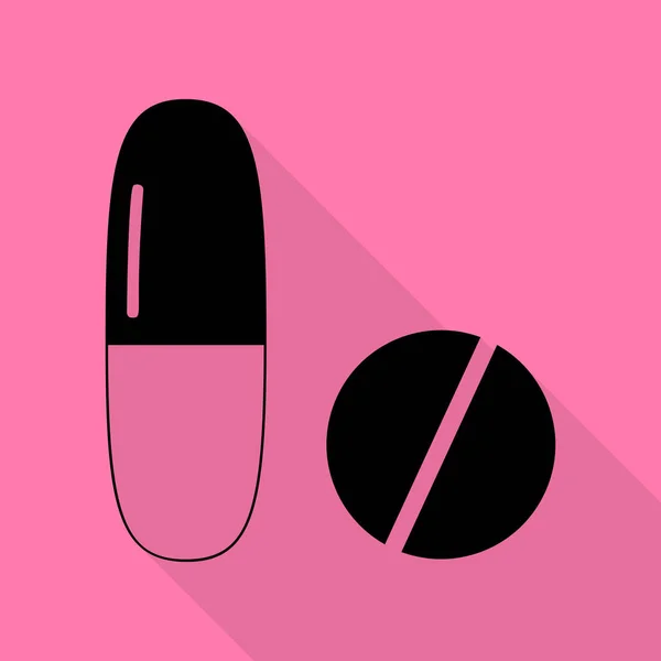 Medische pillen ondertekenen. Zwarte pictogram met vlakke stijl schaduw pad op roze achtergrond. — Stockvector