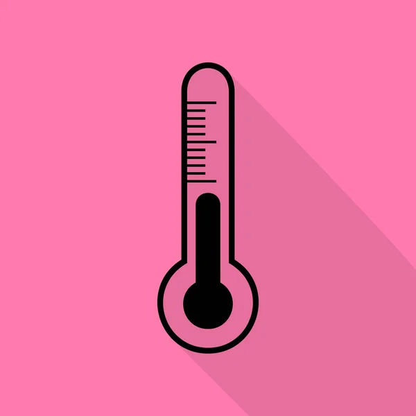 Meteo 诊断技术温度计标。与平面样式阴影路径在粉红色的背景上的黑色图标. — 图库矢量图片