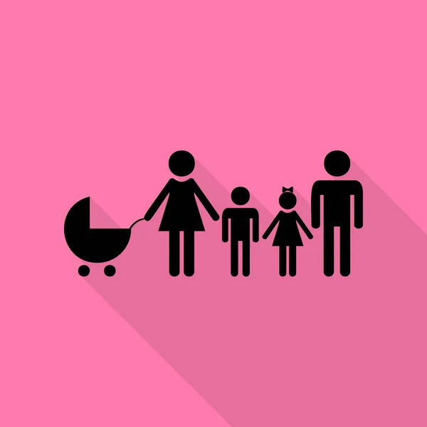 Familie teken de afbeelding. Zwarte pictogram met vlakke stijl schaduw pad op roze achtergrond. — Stockvector