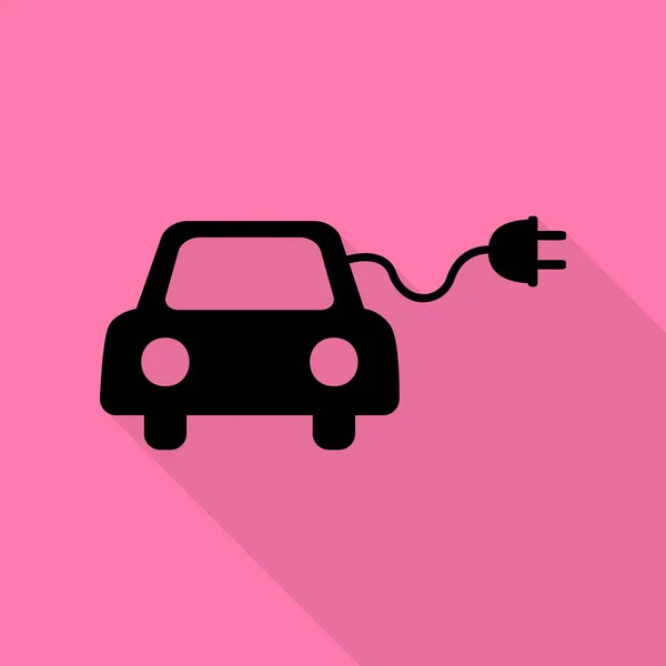 Eco ηλεκτρικό αυτοκίνητο σημάδι. Μαύρο εικονίδιο με επίπεδη στυλ σκιάς διαδρομή σε ροζ φόντο. — Διανυσματικό Αρχείο