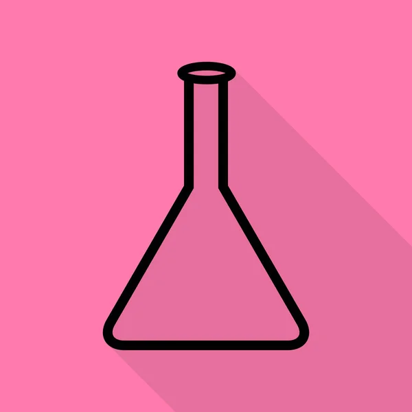 锥形烧瓶标志。与平面样式阴影路径在粉红色的背景上的黑色图标. — 图库矢量图片