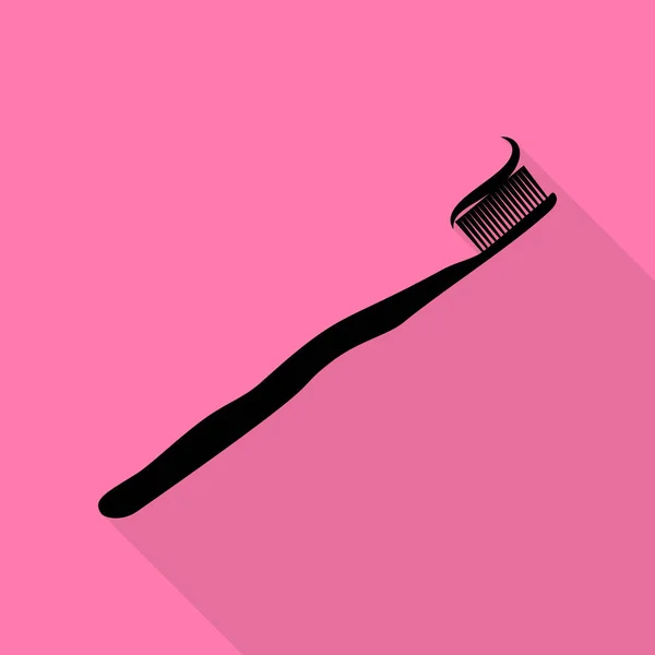 与部分应用的牙膏的牙刷。与平面样式阴影路径在粉红色的背景上的黑色图标. — 图库矢量图片