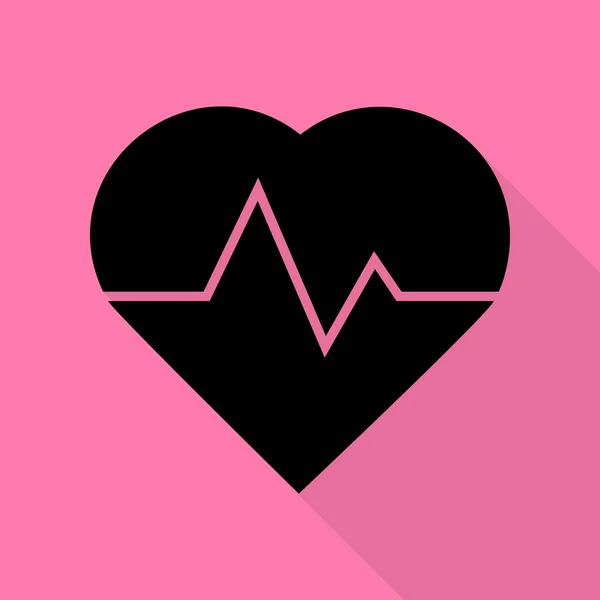 Illustrazione del segno del battito cardiaco. Icona nera con percorso ombra in stile piatto su sfondo rosa . — Vettoriale Stock