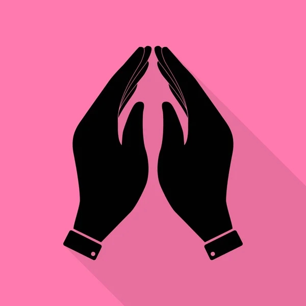 Ilustrasi ikon tangan. Simbol doa. Ikon hitam dengan tapak bayangan gaya datar pada latar belakang pink . - Stok Vektor