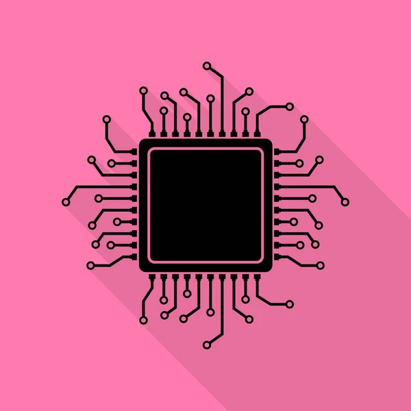 CPU mikroprocessor illustration. Svart ikon med platt stil skugga sökväg på rosa bakgrund. — Stock vektor