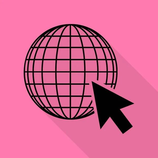 Globo de Tierra con cursor. Icono negro con camino de sombra de estilo plano sobre fondo rosa . — Vector de stock