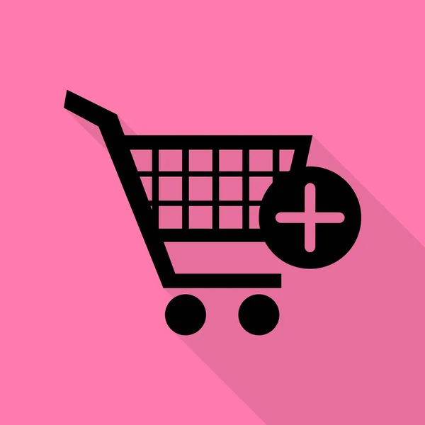 Shopping Cart with add Mark sign. Black icon with flat style shadow path on pink background. — Stock Vector