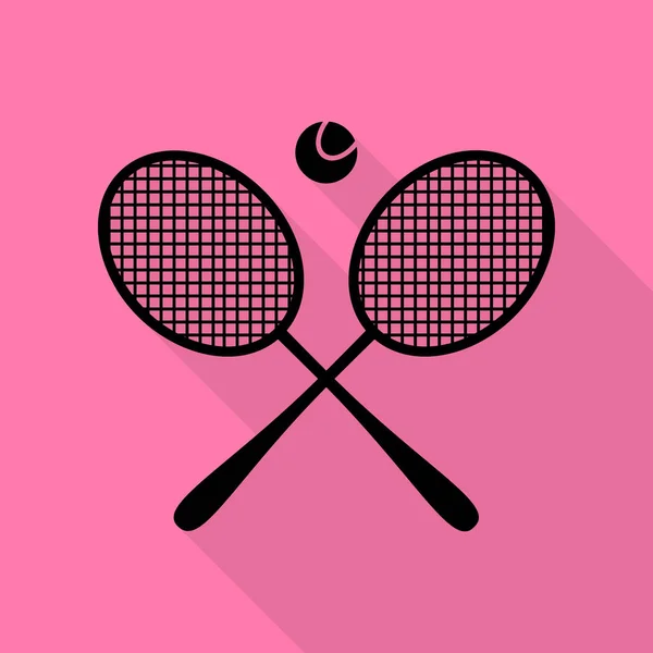 Tennis racket sign. Black icon with flat style shadow path on pink background. — Stock Vector