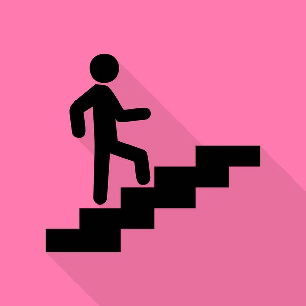 El hombre de las escaleras subiendo. Icono negro con camino de sombra de estilo plano sobre fondo rosa . — Vector de stock