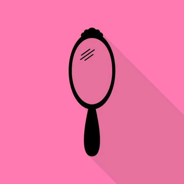 Značka ruky zrcadlo. Černá ikona s ploché styl stínu cestou na růžovém pozadí. — Stockový vektor