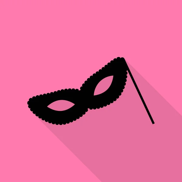 Traditionele Venetiaanse carnaval decoratieve masker teken. Zwarte pictogram met vlakke stijl schaduw pad op roze achtergrond. — Stockvector