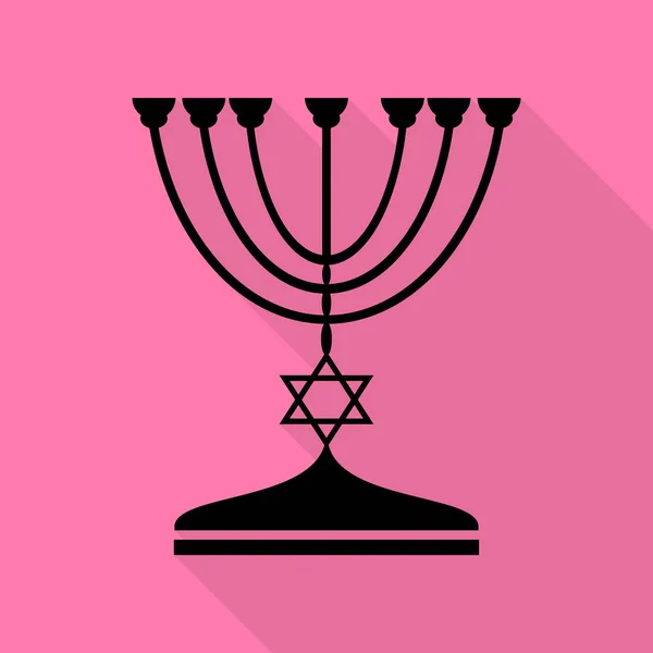Castiçal Menorah judeu em silhueta preta. Ícone preto com estilo plano sombra caminho no fundo rosa . —  Vetores de Stock