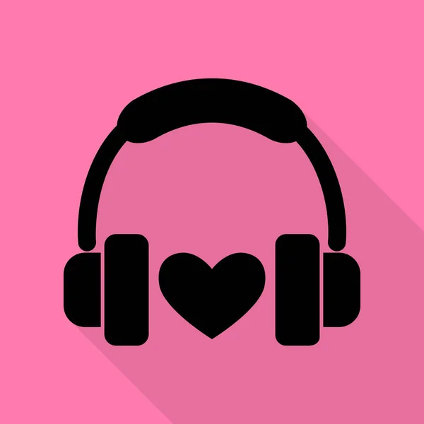 Kopfhörer mit Herz. schwarzes Symbol mit flachem Schattenpfad auf rosa Hintergrund. — Stockvektor