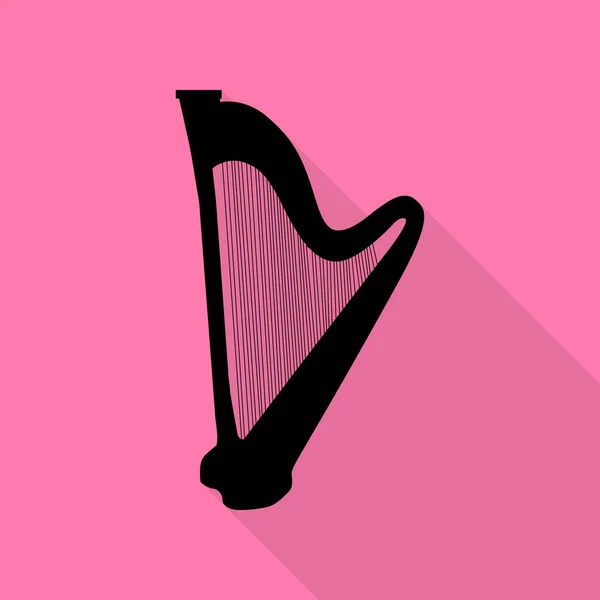 楽器のハープのサイン。ピンクの背景にフラット スタイル シャドウ パスと黒のアイコン. — ストックベクタ