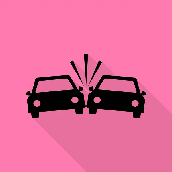 Señal de coches estrellados. Icono negro con camino de sombra de estilo plano sobre fondo rosa . — Vector de stock