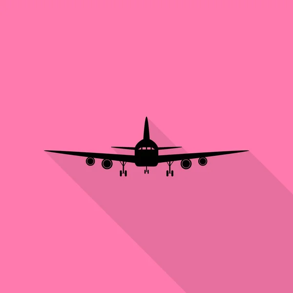 Fliegendes Flugzeugschild. Frontansicht. schwarzes Symbol mit flachem Schattenpfad auf rosa Hintergrund. — Stockvektor