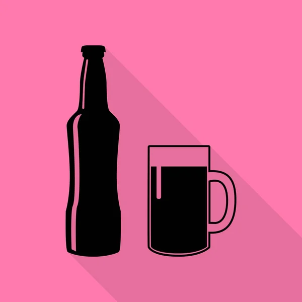 啤酒瓶的标志。与平面样式阴影路径在粉红色的背景上的黑色图标. — 图库矢量图片