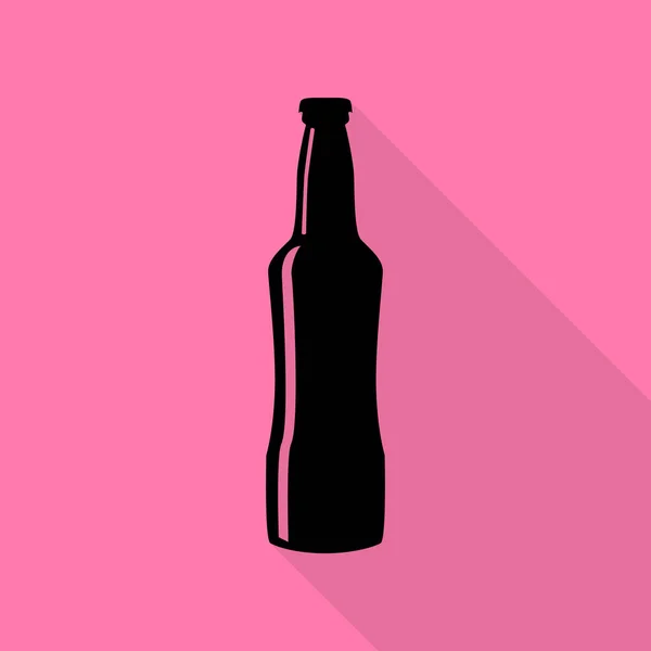 Signo de botella de cerveza. Icono negro con camino de sombra de estilo plano sobre fondo rosa . — Vector de stock